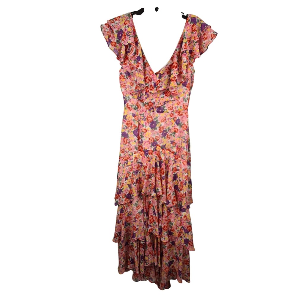 WAYF Chelsea Floral Tiered Ruffle Maxi Dress Pink Purple V-Neck High-Low Size S - Picture 2 of 12
